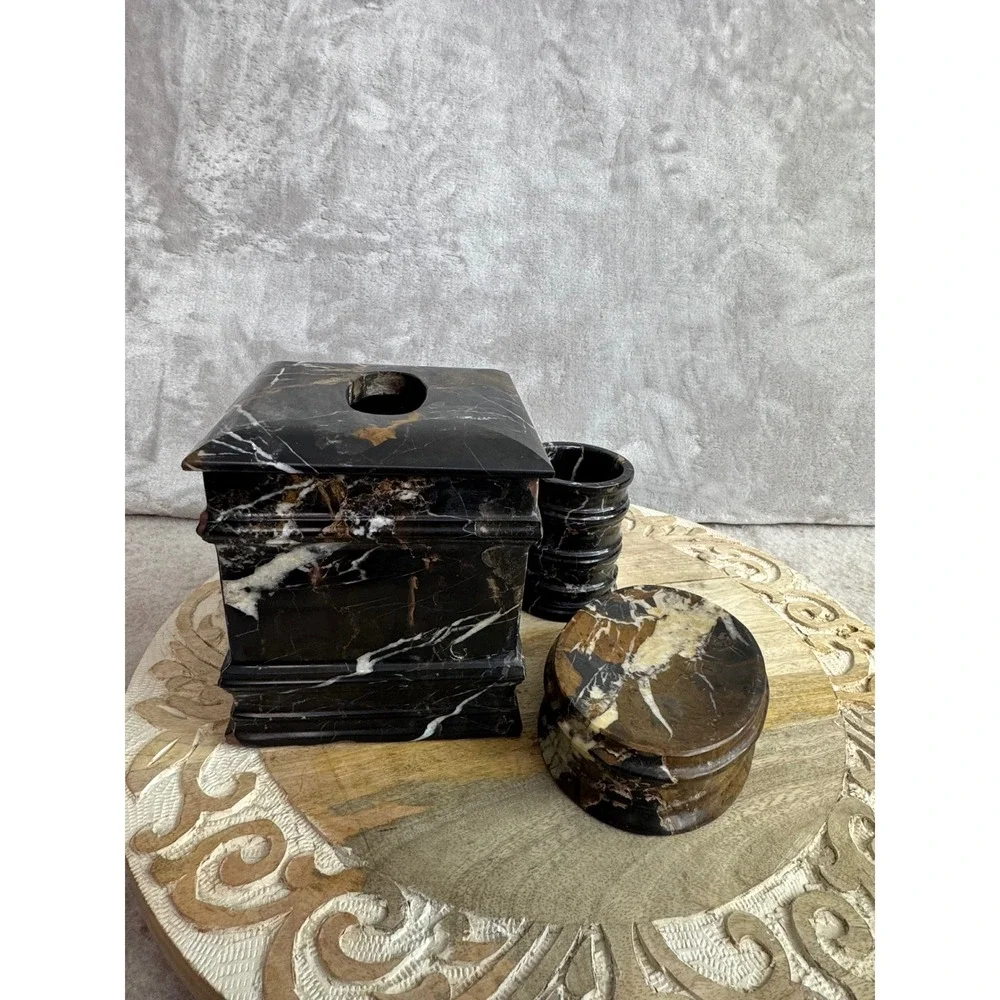 3pc Brown Marble Bathroom Accessory Set Tissue‎ Cover Tumbler Soap Dish Luxury